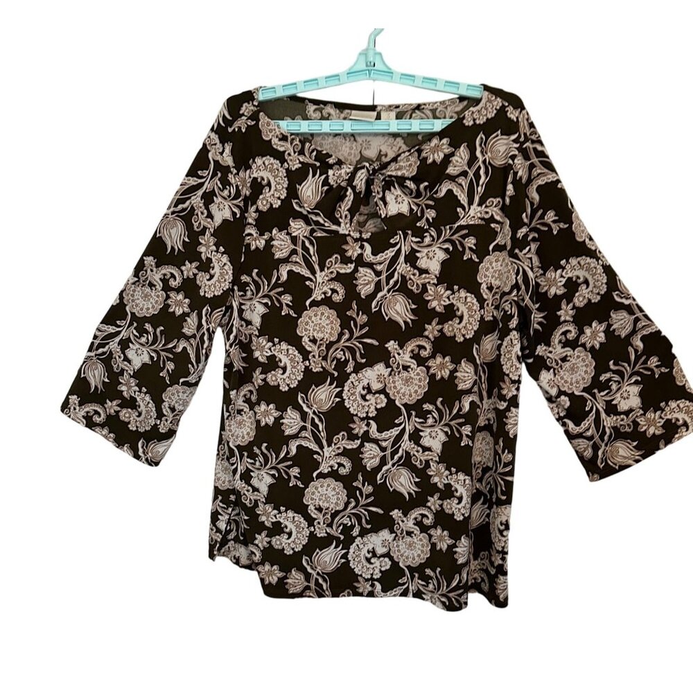 Chico's Women's Dark Floral Print Keyhole 3/4 Sleeve Blouse Size 3 Boho Peasant